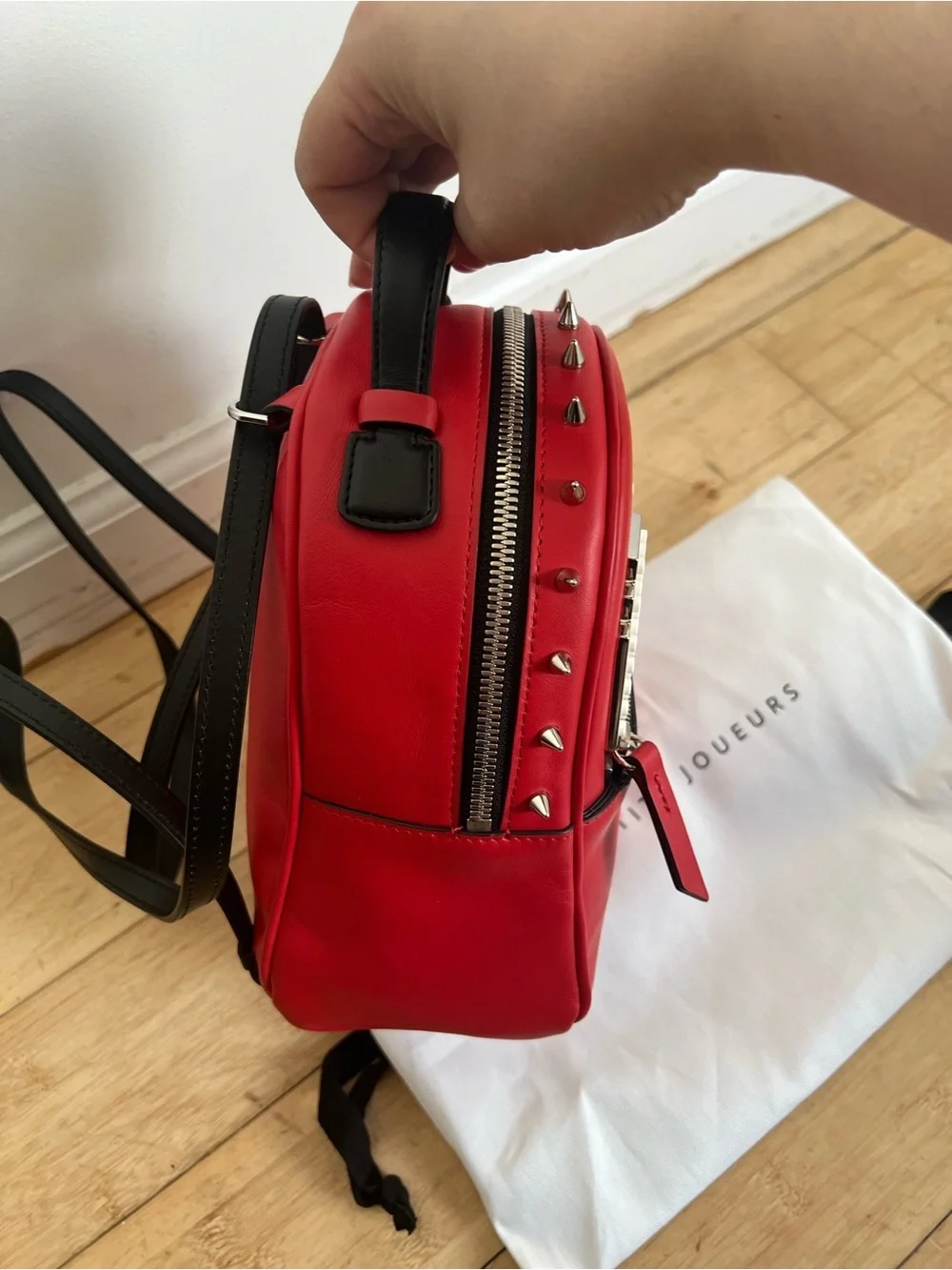NWT Les Petits Joueurs Micro Mick Pixel Eyes Red Leather Backpack With Spikes